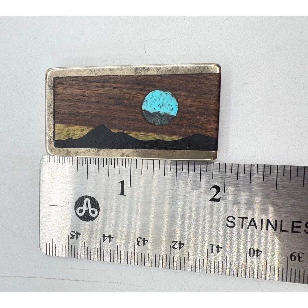 Vintage 1983 Sky West Turquoise Wood Inlay Mountain Landscape Money Clip Mens